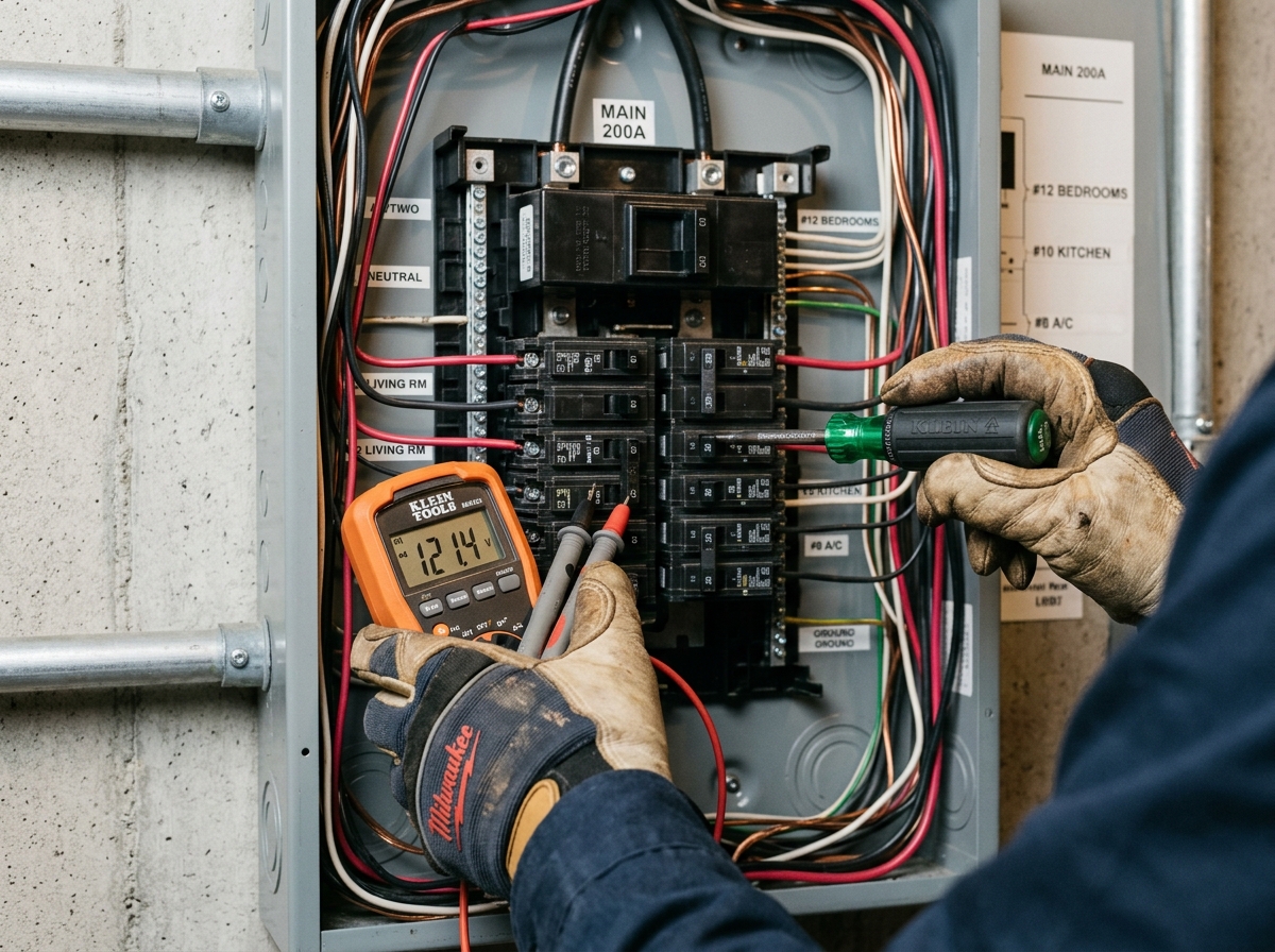 Licensed electrician diagnosing circuit breaker panel in Fitzgerald Bothell